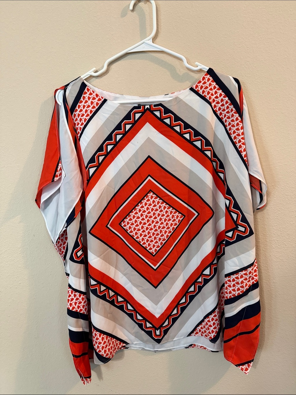 Geometric Diamond Print Boatneck Blouse in Red, White & Black